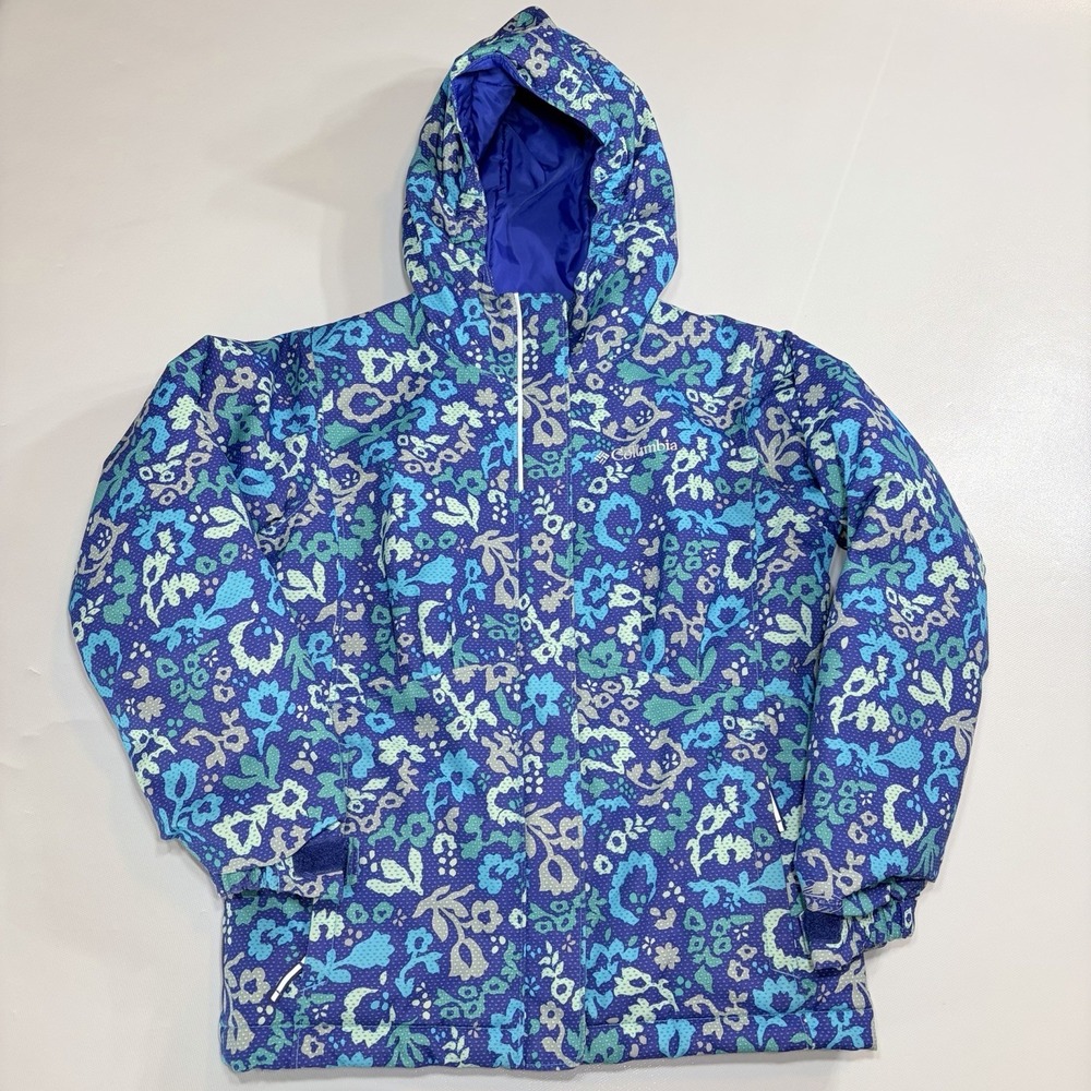 Columbia Girls Omni-Tech Hooded Jacket Blue Floral Print Size Small Waterproof